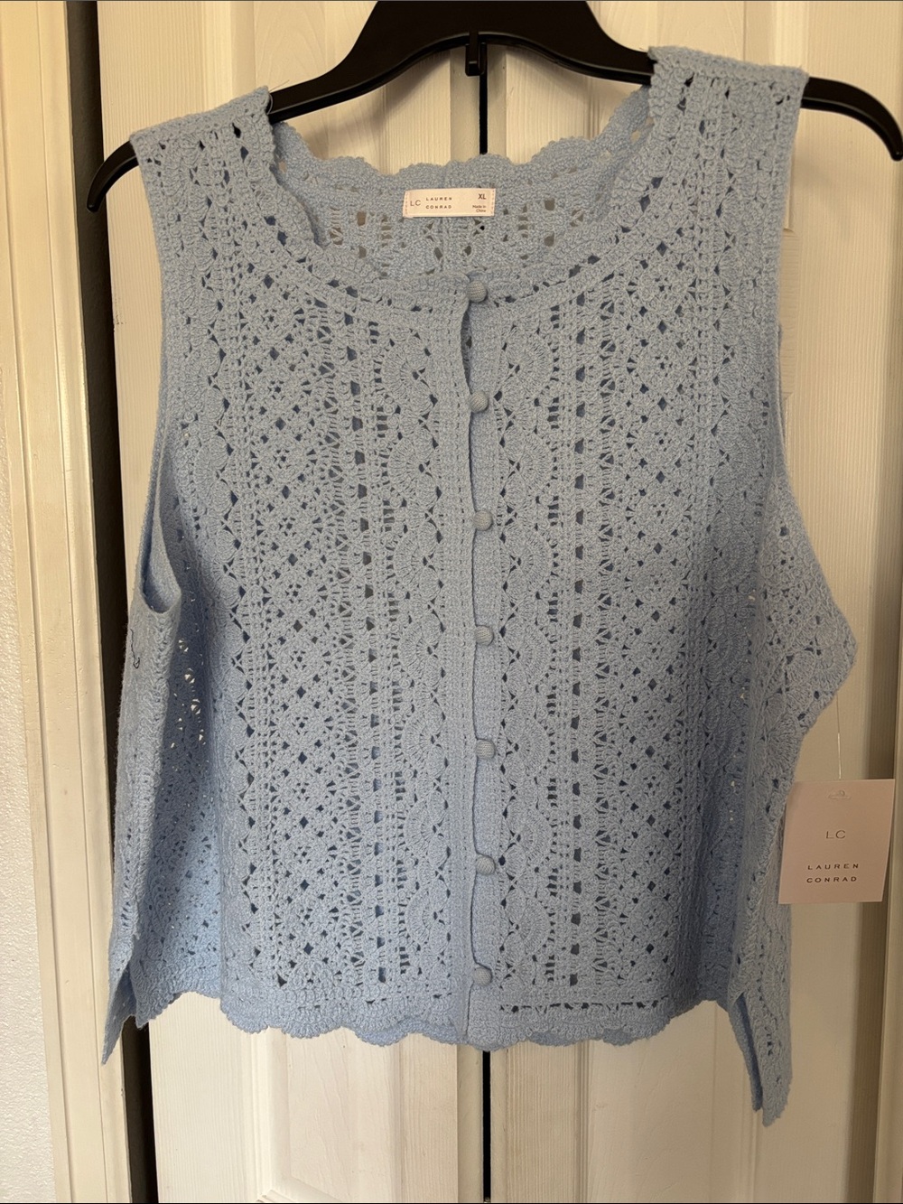 LC Lauren Conrad Baby Blue Crochet Knit Sleeveless Cardigan vest